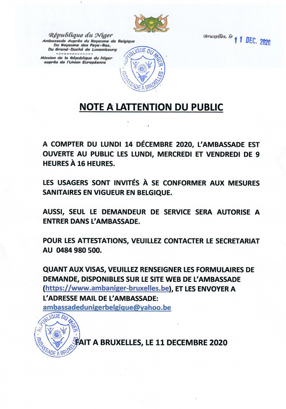 Note à l’attention du public du 11 décembre 2020