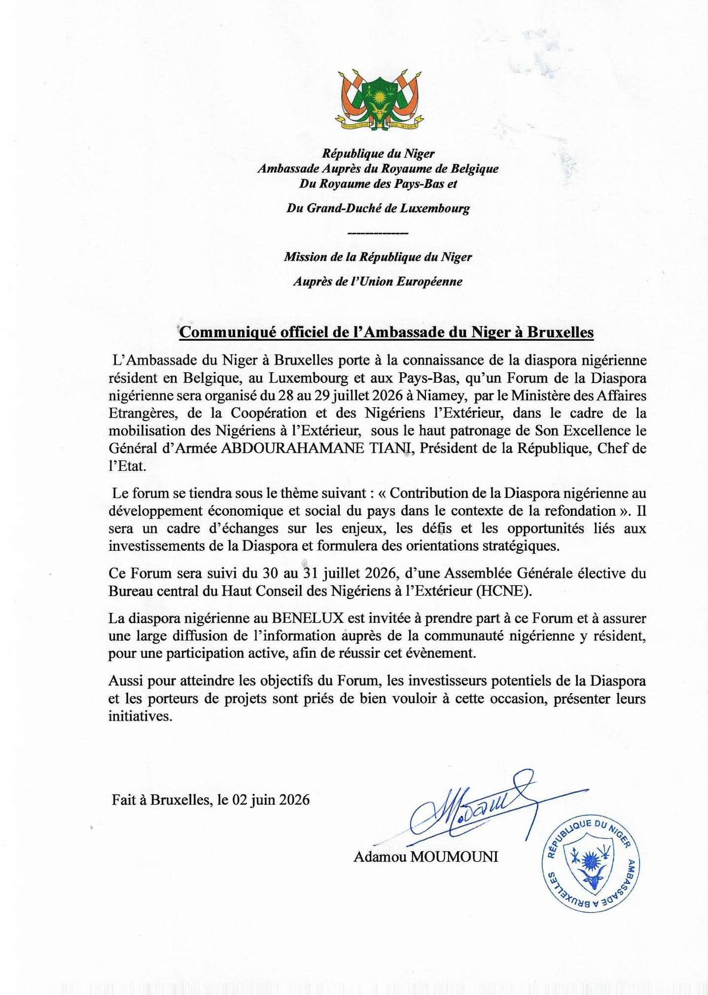 Communiqué officiel de l’Ambassade du Niger à Bruxelles 